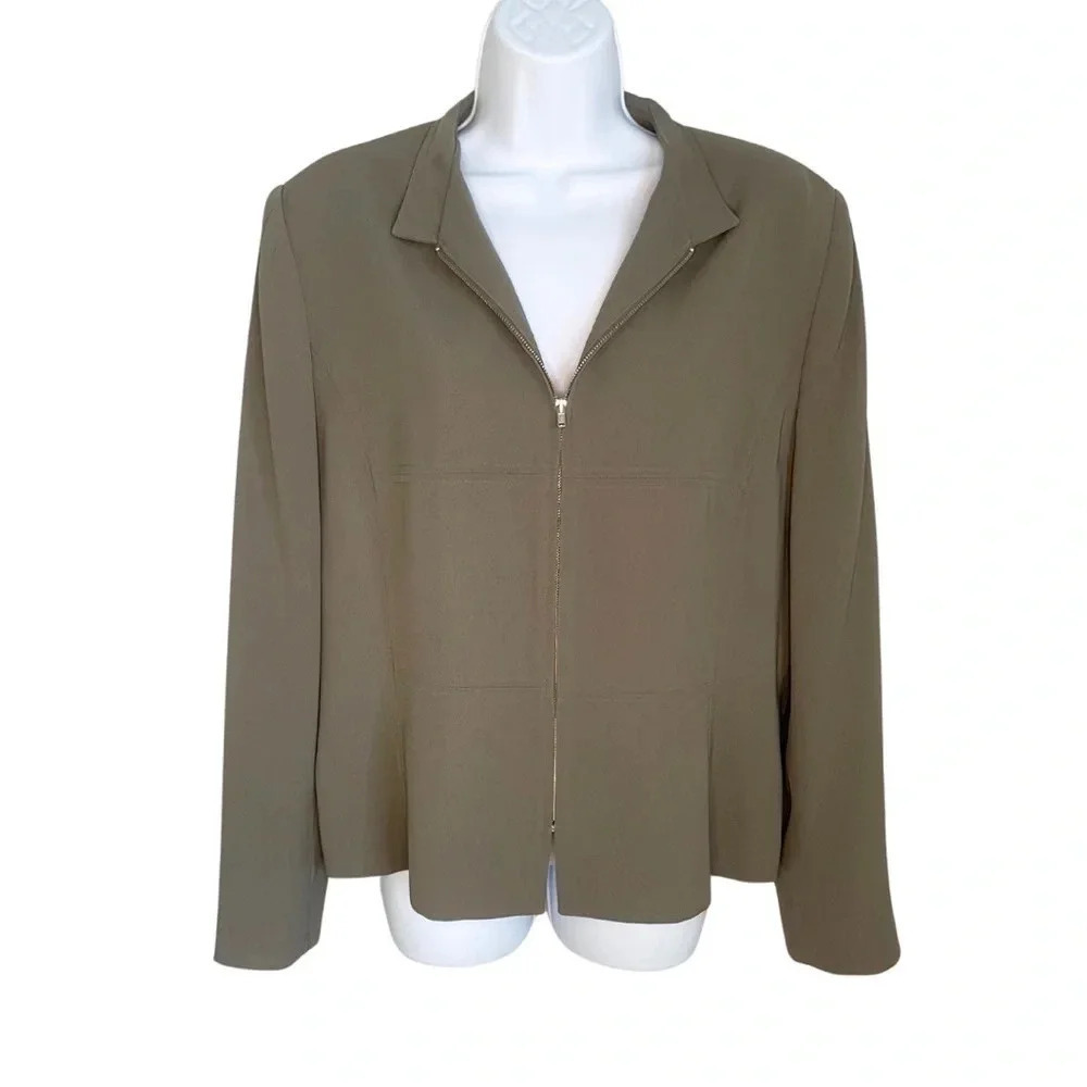 Amanda Smith Olive Green Zip-Up Blazer Suit Jacket - Banded Collar, Size 16